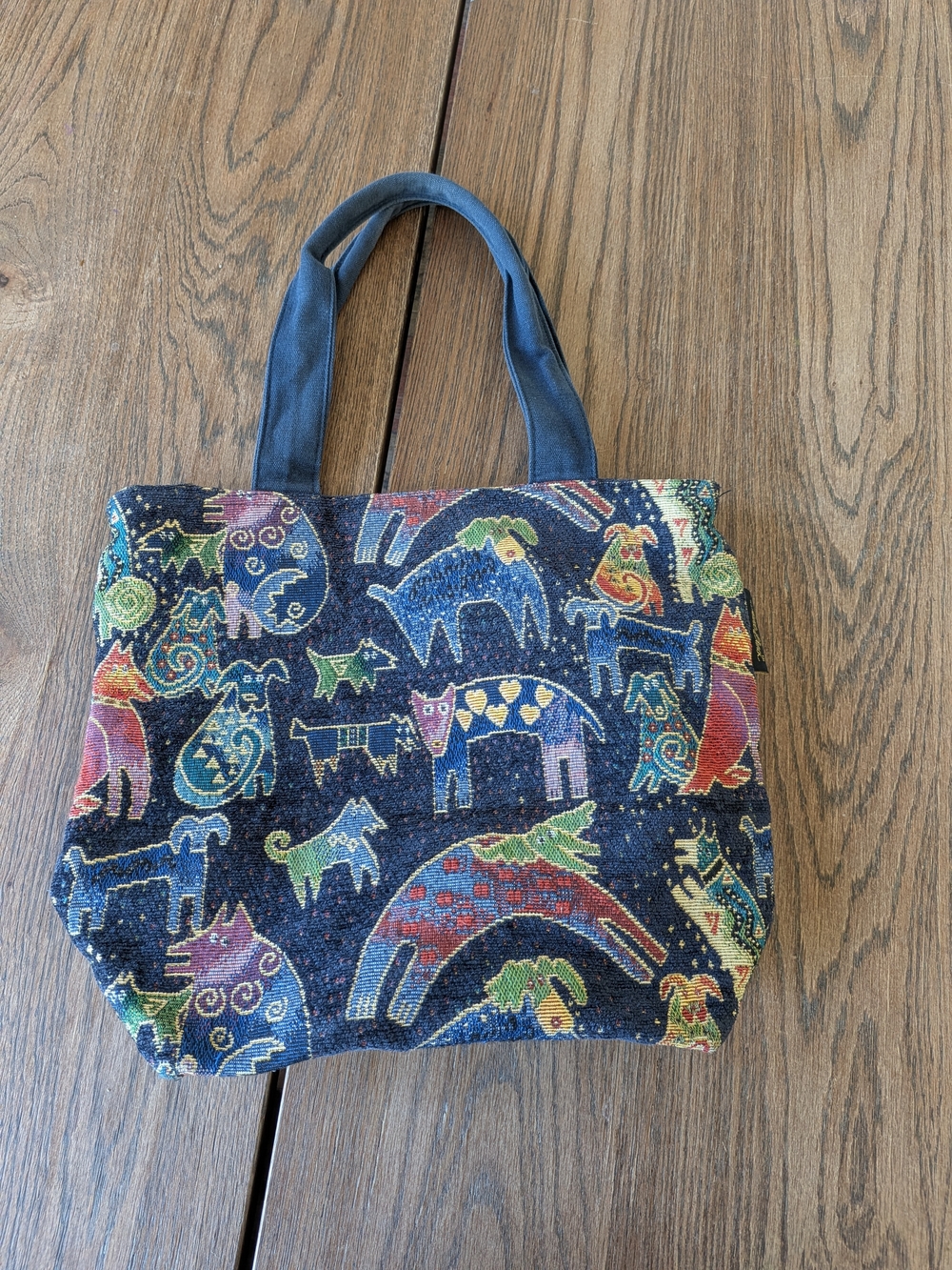 Laurel Burch Blue Woven Dog Print Shoulder Bag Purse Tote Bag Zip Closure